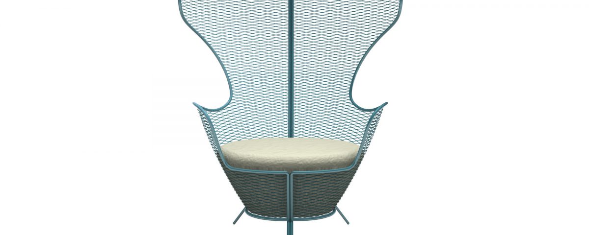 Poltrona con schienale alto e sedile imbottito removibile, realizzato con una gomma speciale resistente agli agenti atmosferici e tessuto per uso esterno.