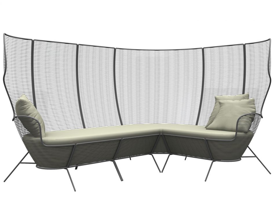 Divano ad angolo con una robusta struttura in acciaio e un pannello di rete metallica. Questo divano ti offre il massimo comfort e durata nel tempo.